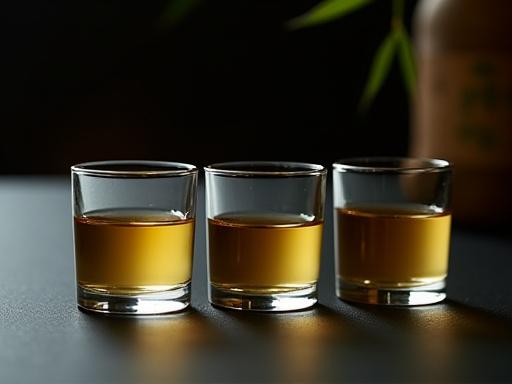 Three small glasses of sake lined up for a tasting.